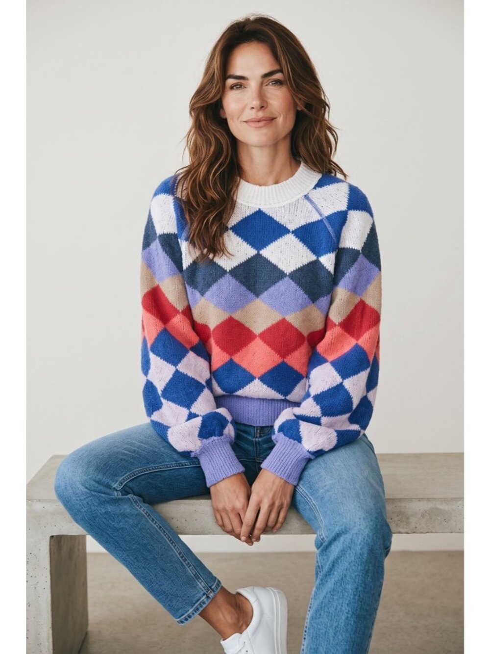Free People Argyle Knit Sweater Blue Red Purple Diamond Pullover Small/Petite